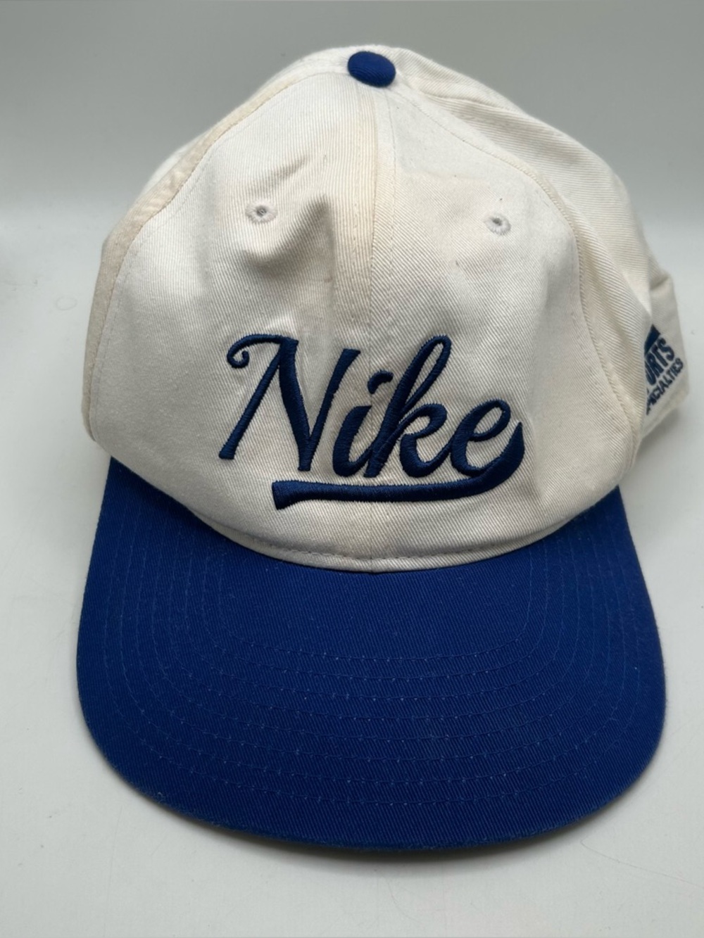 Vintage NIKE PRO Sports Specialties SnapBack Blue White CURSIVE HAT Faded